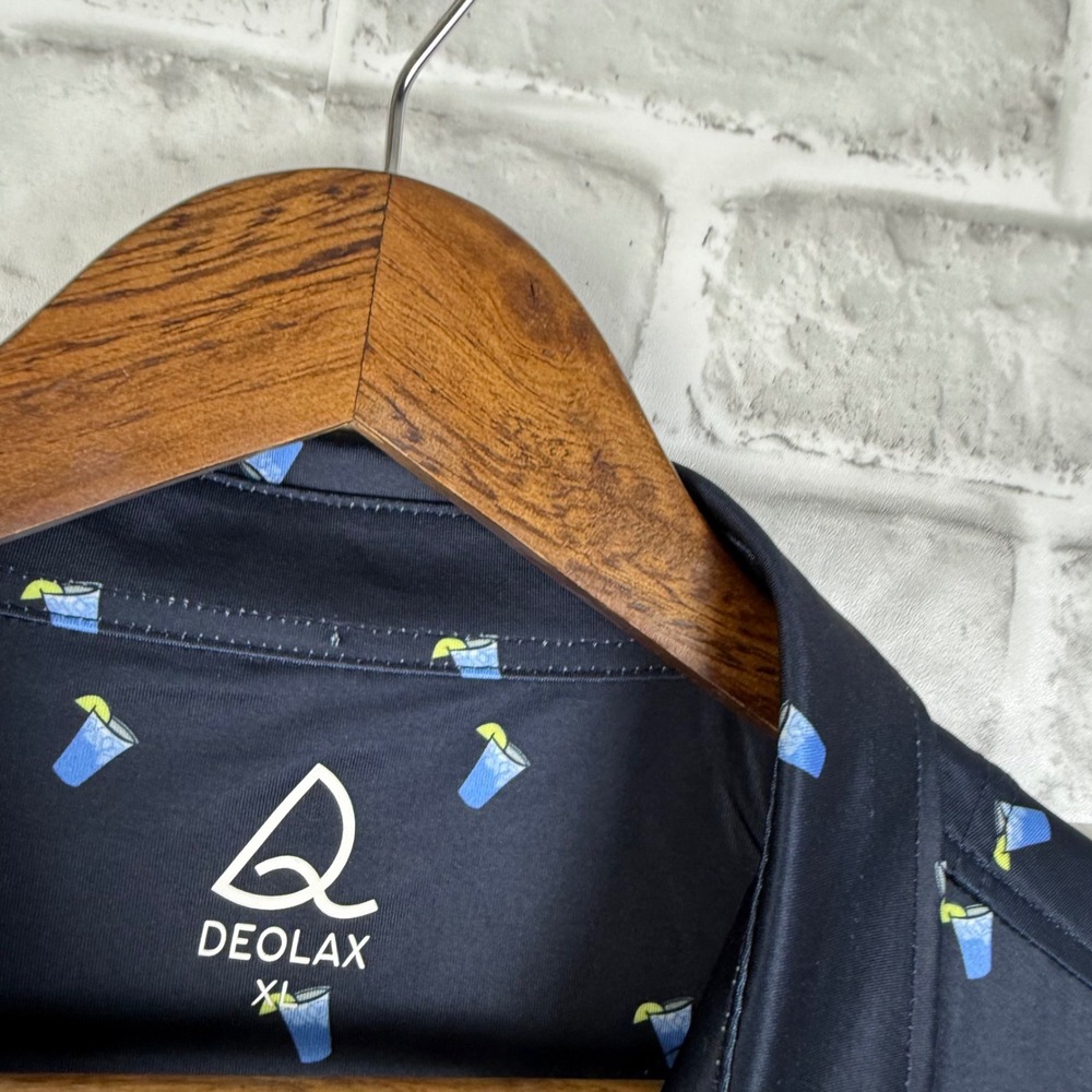 Deolax Mens XL Performance Golf Polo Shirt Navy Blue Cocktail AOP Print Stretch - Picture 3 of 8